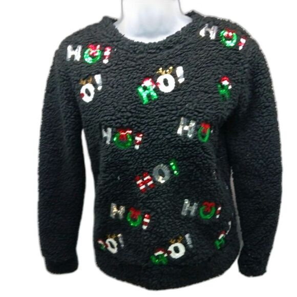 Chance or Fate HOHOHO Ugly CHRISTMAS  Sweater Sherpa Fleece Black Embellished XS - Picture 1 of 10